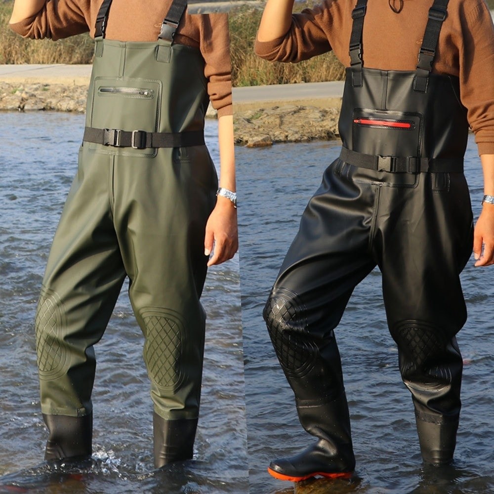 Fishing Waders - 耐久性のあるPVC製釣りスーツ 防水 厚手デザイン ウェーダーパンツ ダブル膝パッド 防水ズボン