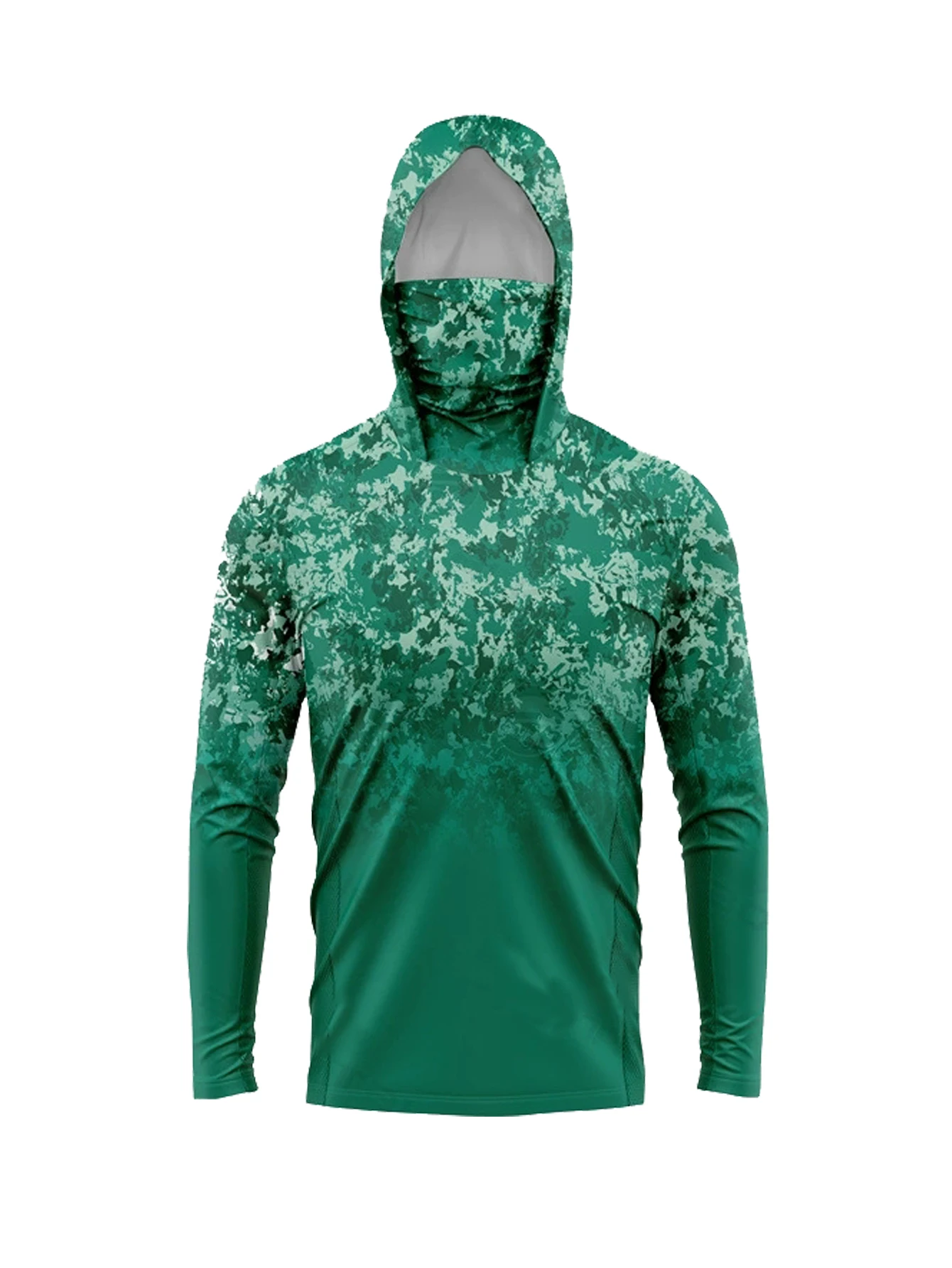 Fishing Hoodie - メンズUPF50+日焼け防止フィッシングフーディー、フェイスマスク付き、グリーンデジタルカモフラージュ、速乾性、UVカット、ボート、ハンティング用長袖シャツ